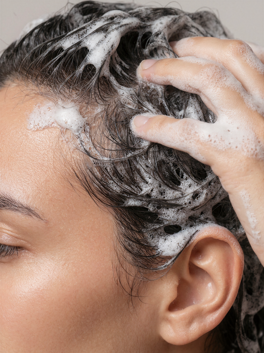 Haar wird mit Shampoo eingechäumt