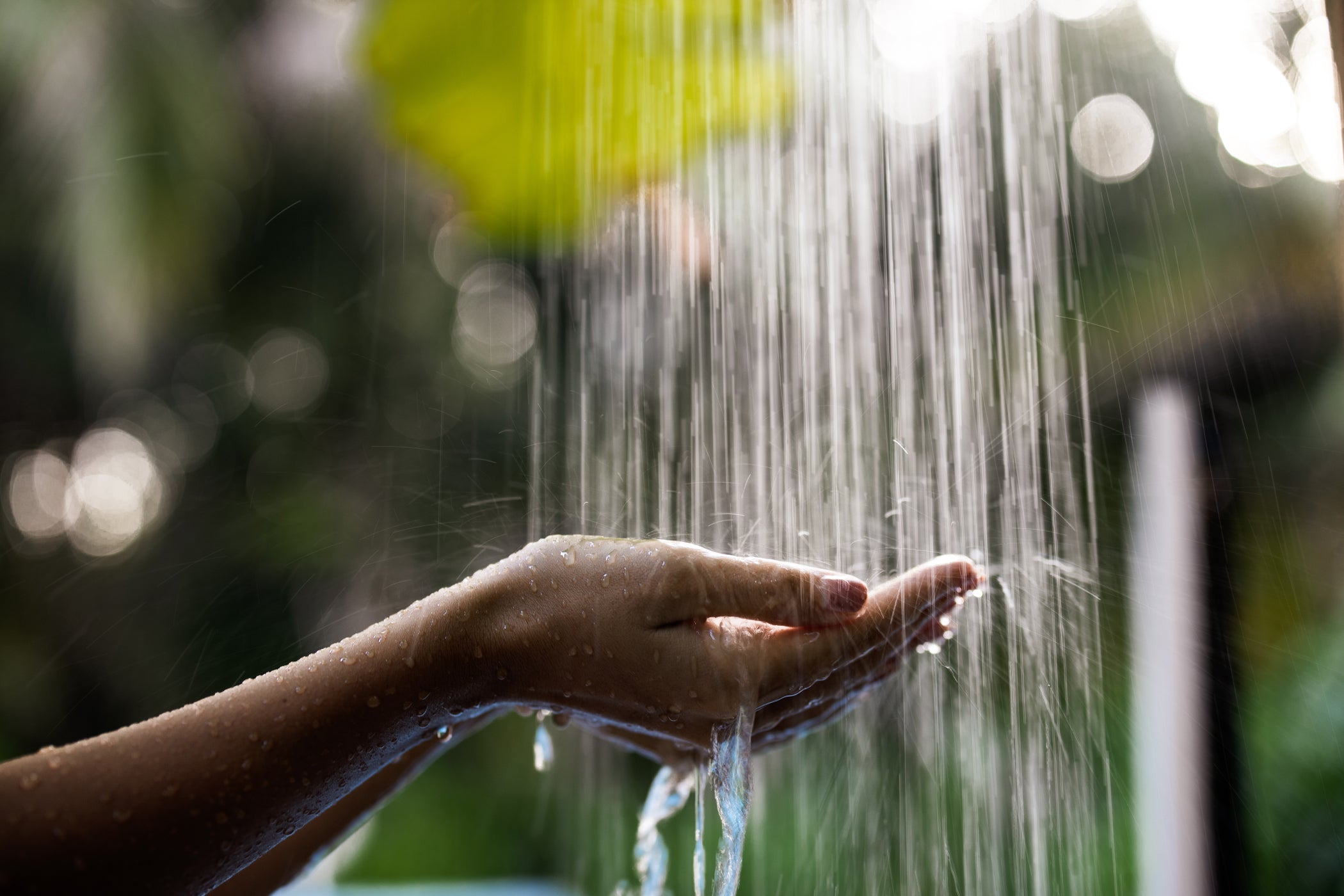 Deux mains sont tenues sous l'eau courante d'une douche – avec arrière-plan flou