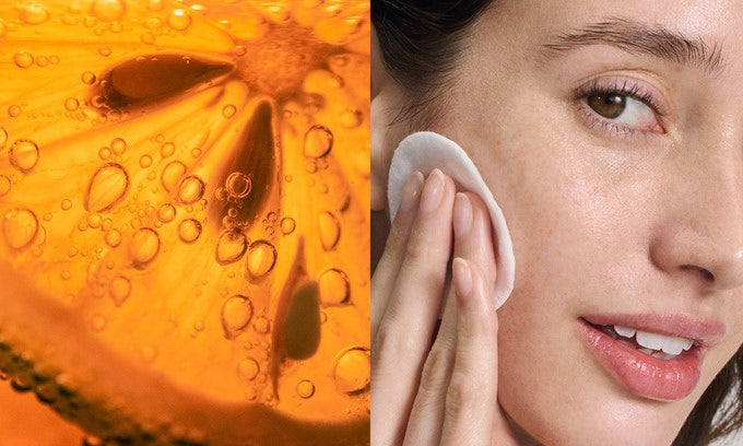 Collage avec gros plan d'une tranche d'orange à gauche et gros plan du visage d'une femme nettoyant sa joue avec un coton à droite