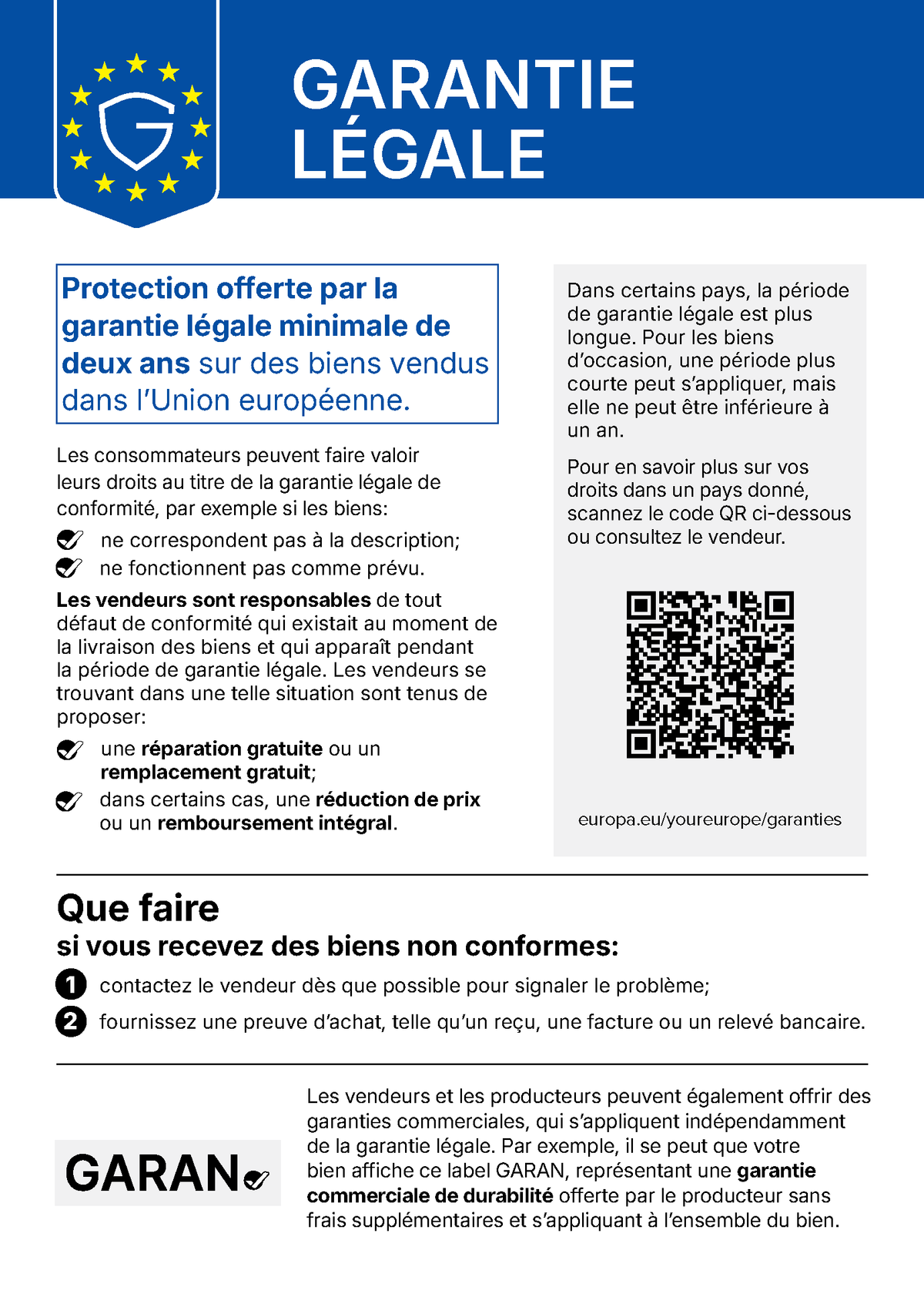 Informations légales garanties en français