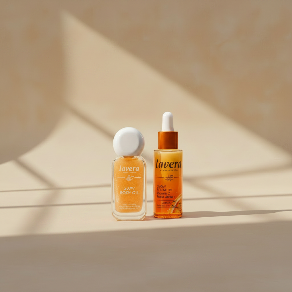 Glow Body Oil (new) + Glow by Nature Vitamin C Boost Serum (AI-generated image)