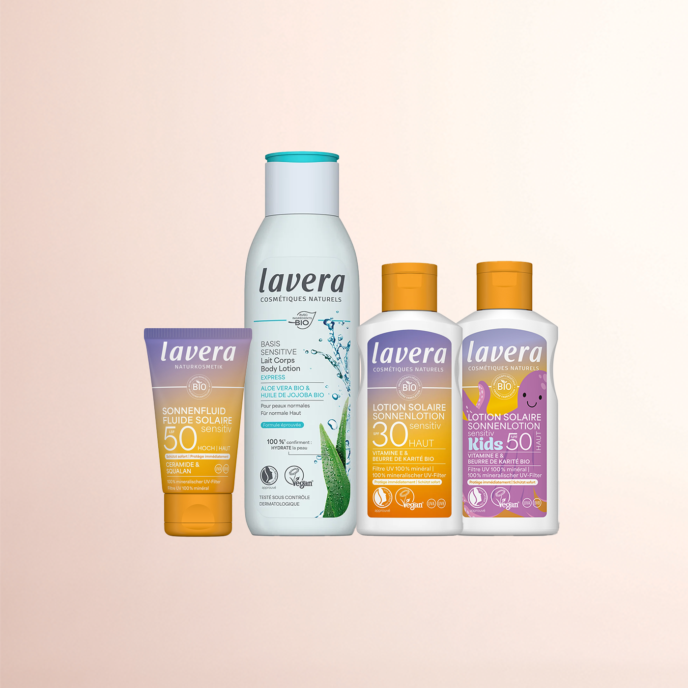 Sonne Family Set: Basis sensitive Bodylotion Express, Sonnenlotion LSF 30, Sonnenfluid LSF 50 und Sonnenlotion Kids LSF 50