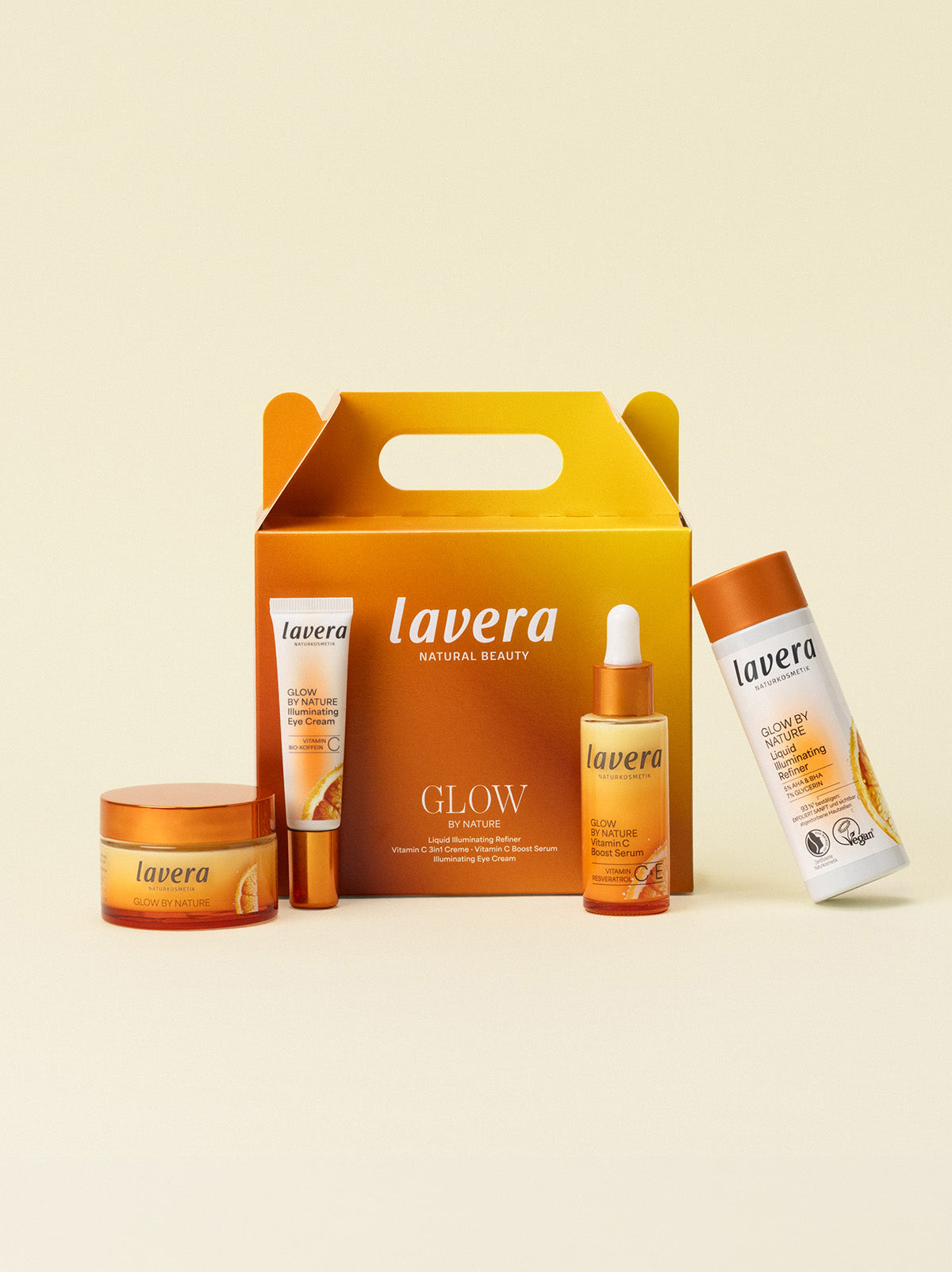 Neues lavera Glow by Nature Geschenkset mit Produkten davor
