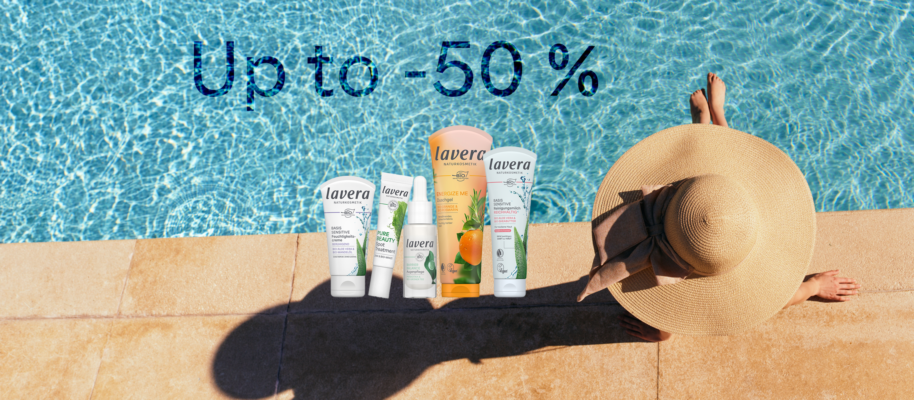Woman wearing a sun hat by the pool, with various lavera products and a discount banner in the image