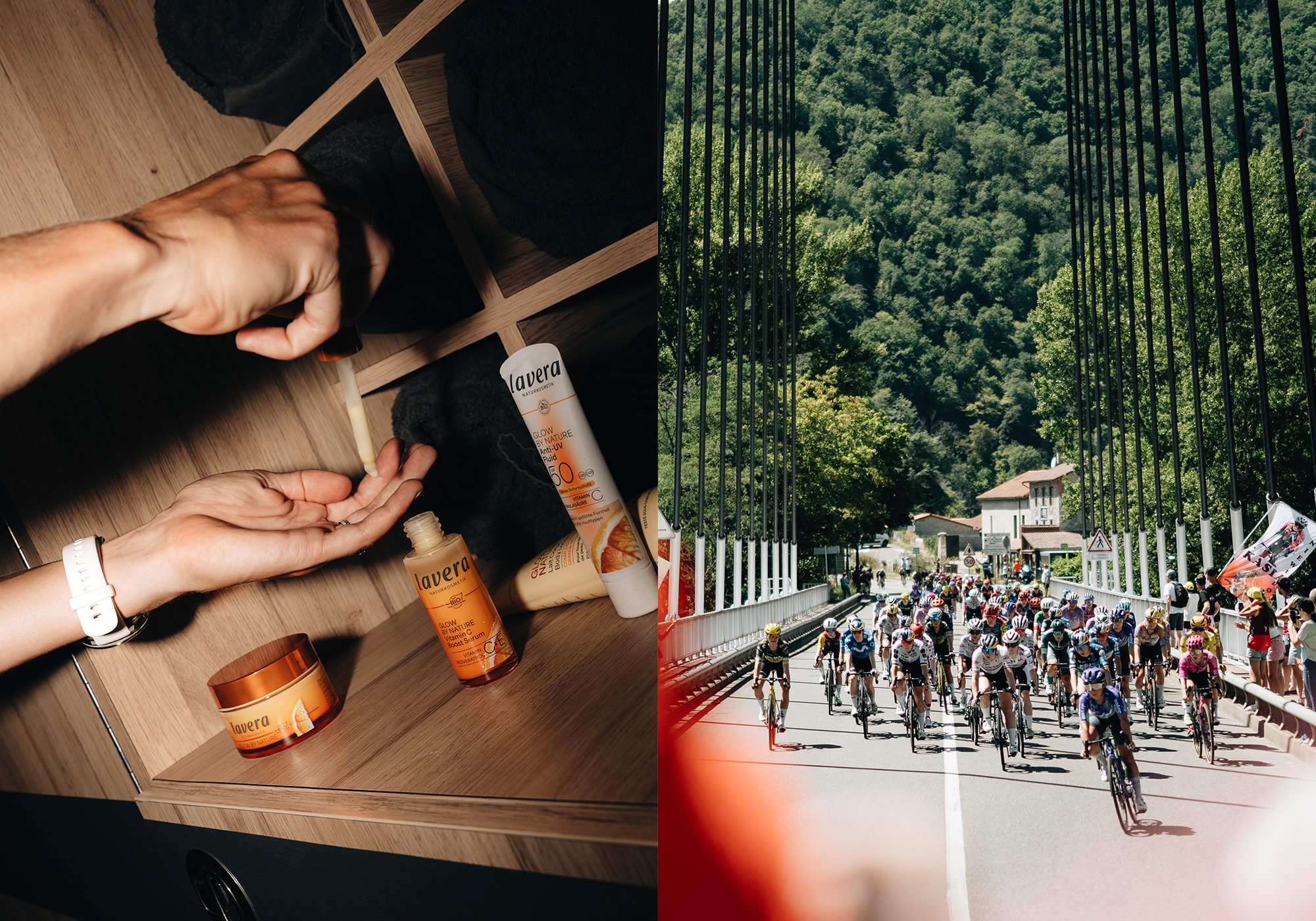 Doppelbild mit Glow by Nature Produkten links und Radrennfahrerinnen rechts