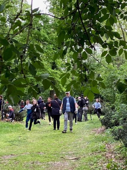 Groupe de bénévoles lors d'un projet forestier, marche sur un chemin forestier vert