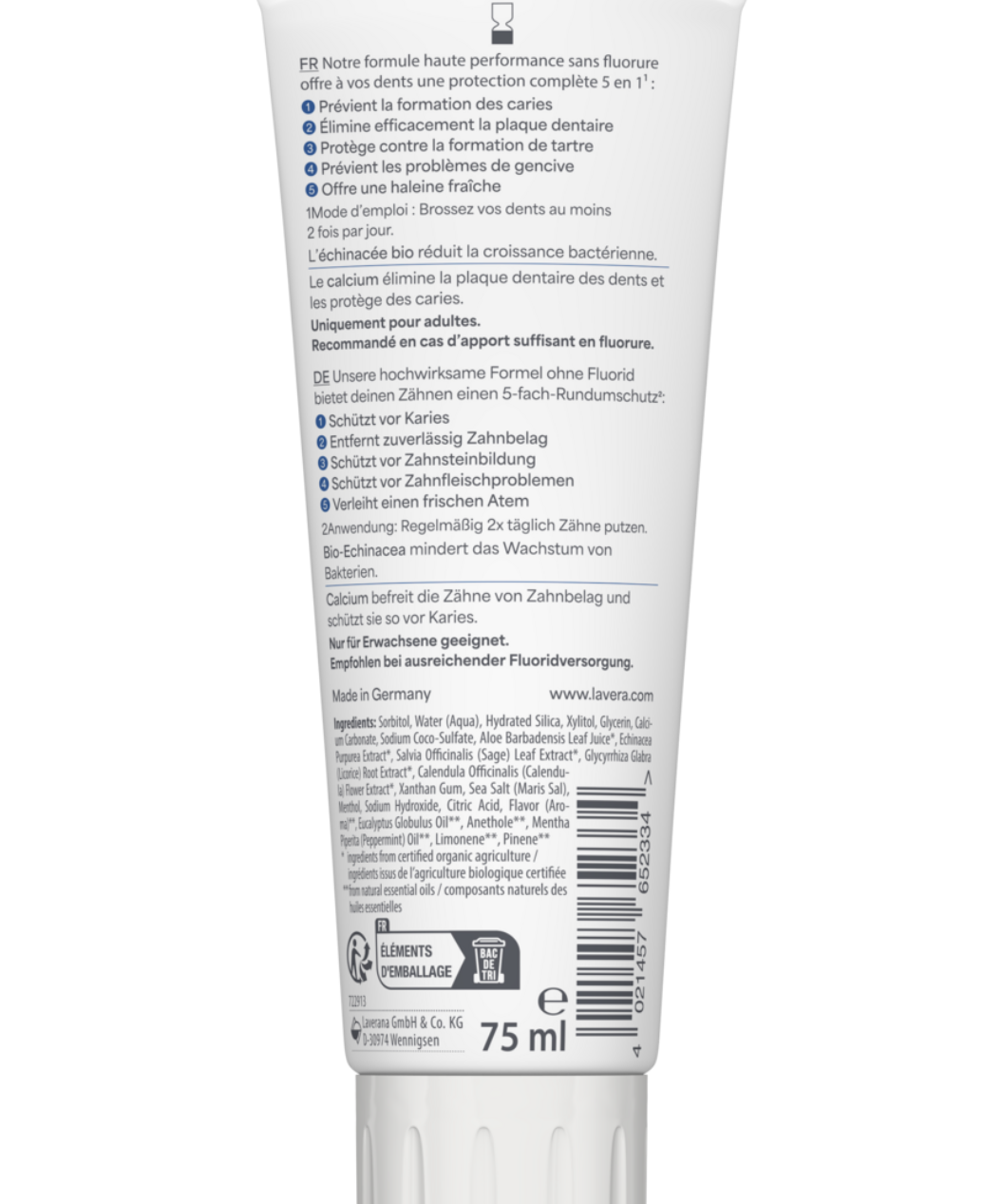 lavera Dentifrice Complete Care Sans Fluorure Avec Silice