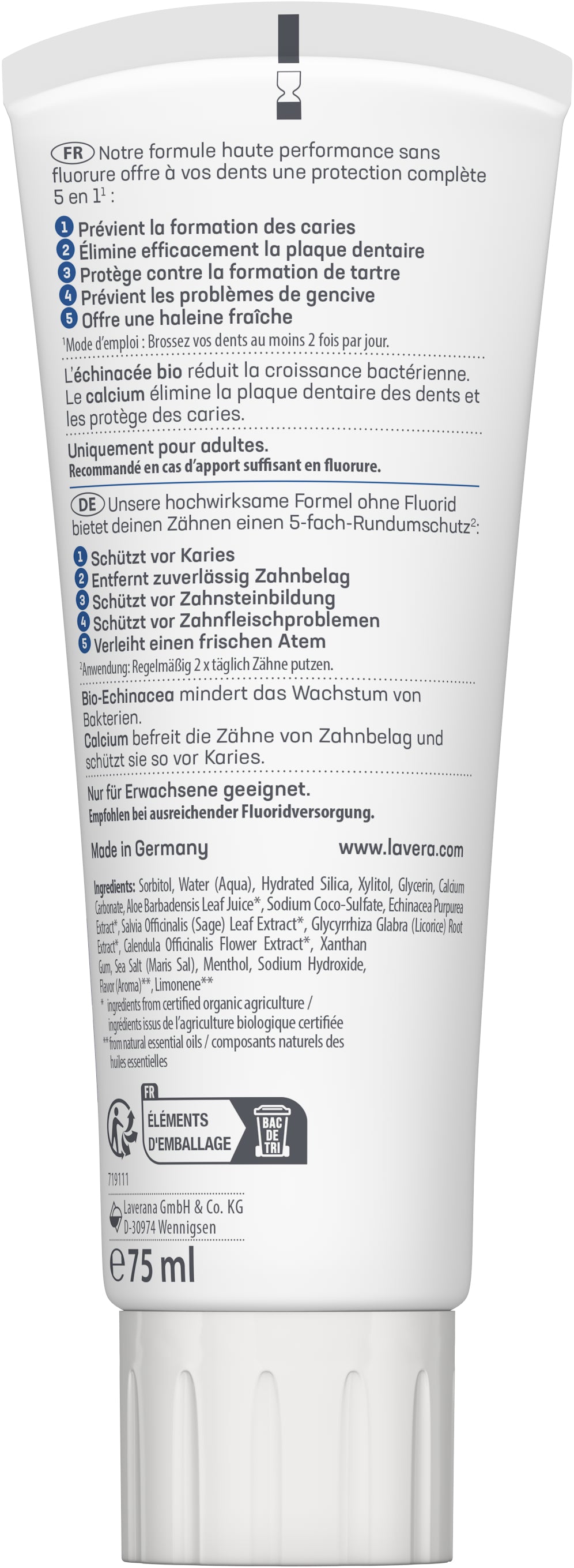 lavera Dentifrice Complete Care Sans Fluorure Avec Silice