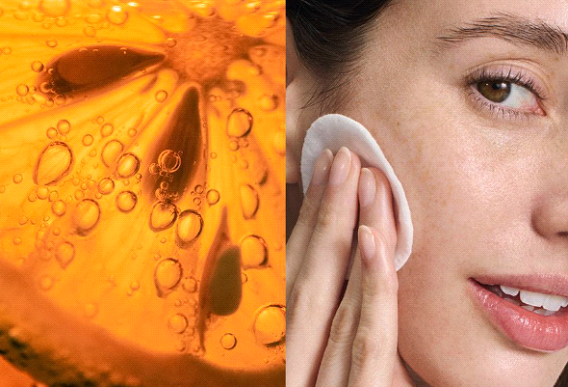 Image divisée : tranche d'orange avec bulles et femme nettoyant son visage avec un coton